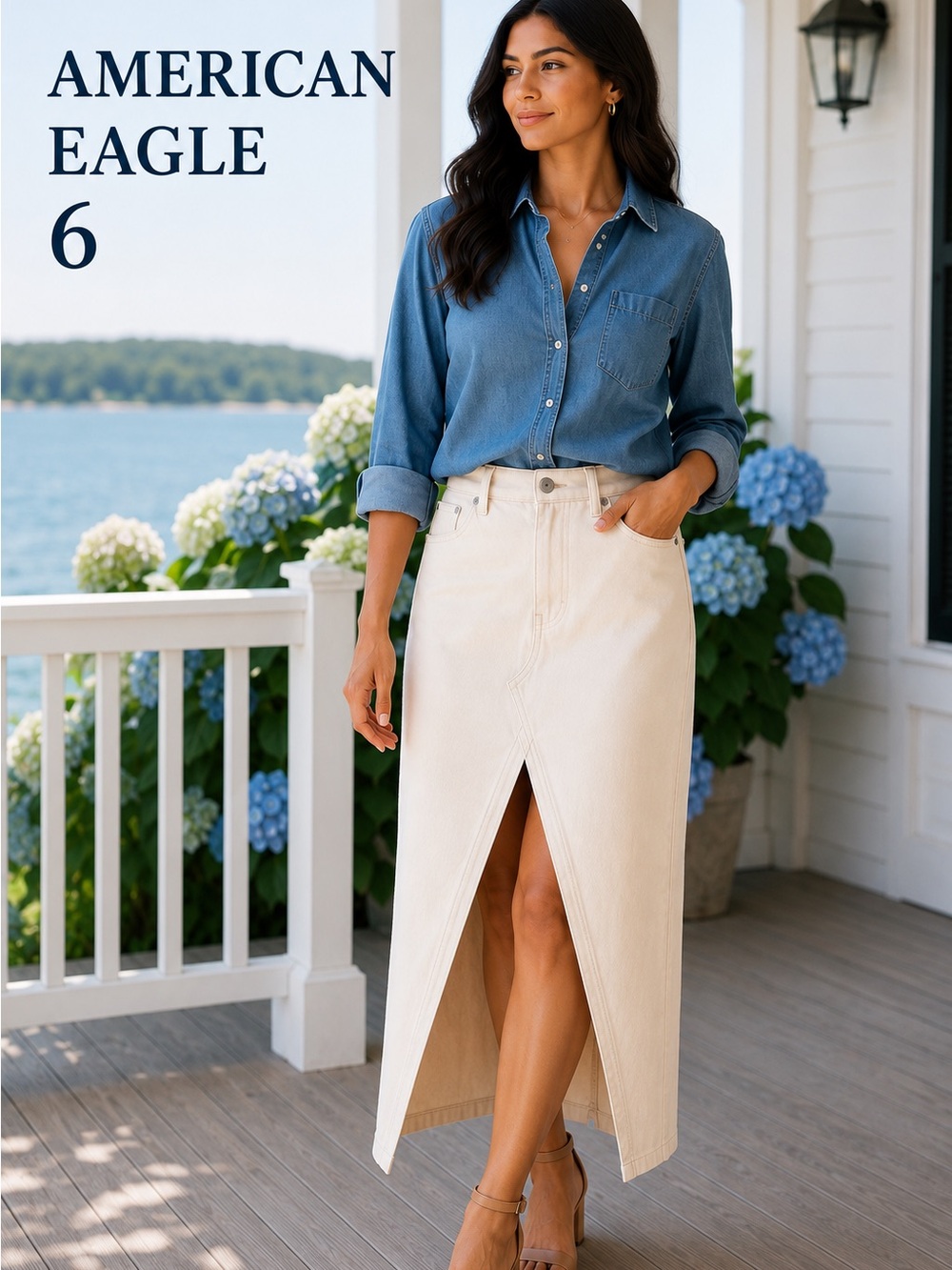 American Eagle Ivory Stretch Denim Maxi Skirt High Rise Size 6